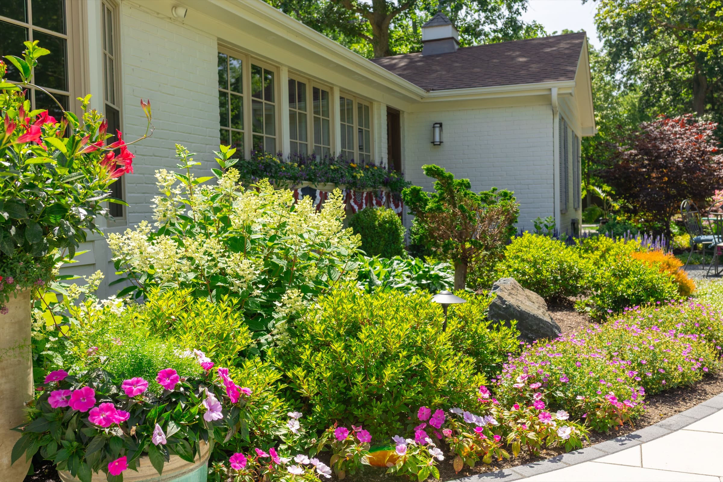 Hydrangeas, boxwood, and seasonal color against a white brick home
